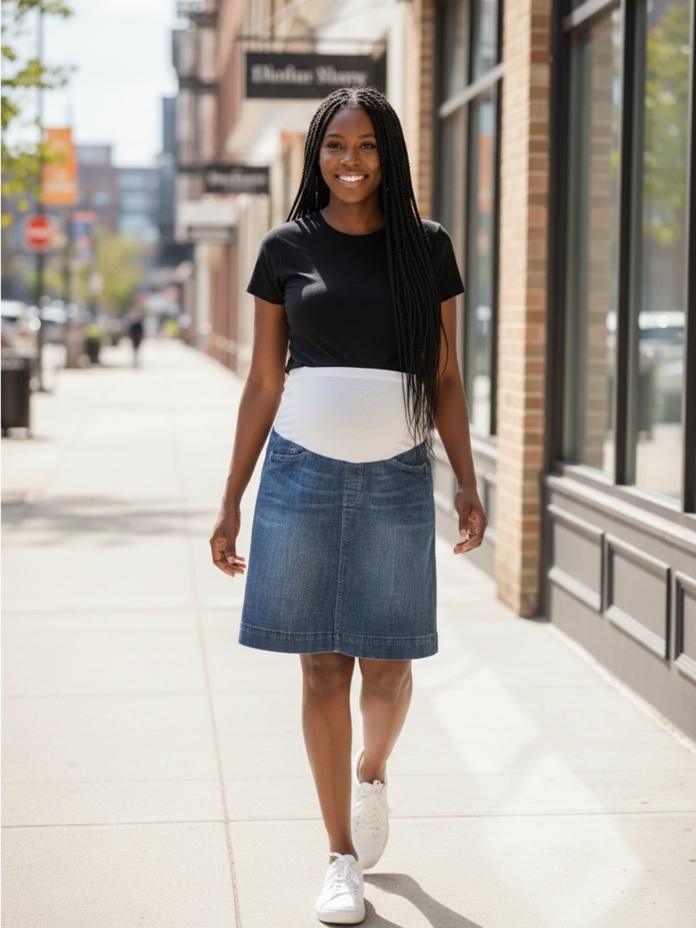 A Pea in the Pod Secret Fit Belly Maternity Denim A-Line Knee Skirt Blue S